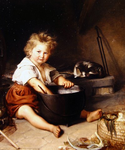 Niño con gato en un interior de French School