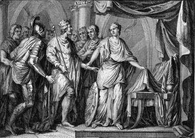 Childeberto II (570-596), rey de Austrasia, tomó posesión del reino de Borgoña y Orleans tras la muerte de Gontrán I en 592. Grabado del siglo XVIII de French School