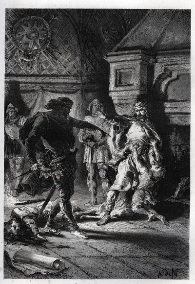 Childeberto I (c498-558) en el asesinato de los herederos de sus hermanos en 526 - Childeberto I dejó que Clotario (Clothaire) masacrara a los hijos de su hermano Clodomiro, Rey de Orleans, cuyos estados comparten, 526 - grabado de "L