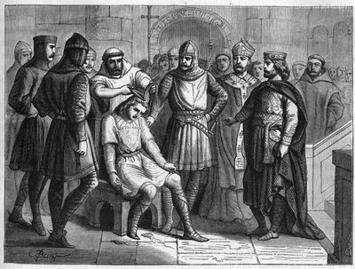 Childerico III, último rey merovingio, destronado por Pipino el Breve, rey de los francos, fue encerrado en el monasterio de Sithiu, cerca de Saint-Omer, en 751. Grabador del siglo XIX de French School