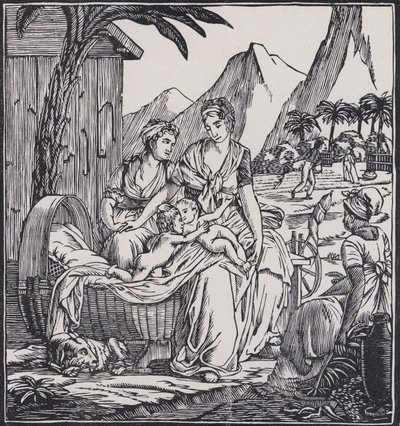 Infancia de Paul y Virginie, escena de la novela Paul et Virginie del escritor francés Jacques-Henri Bernardin de Saint-Pierre (litografía) de French School
