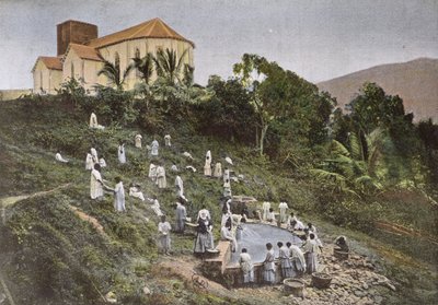 Niños en Nueva Caledonia llevados al lugar de lavado por las Hermanas Misioneras, grabado por Gillot, finales del siglo XIX de French School