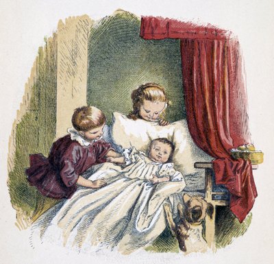 Niños jugando con una muñeca en "Schnik, schnak, bagatelas para los pequeños", juegos infantiles. ed. Londres- Georges Ronthedge y hijos. Nueva York, The broad way Ludgate s.f. c. 1890 de French School