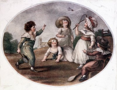 Niños jugando al juego de la rueda (ahora bádminton) de French School