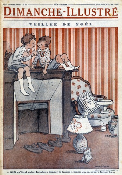 Niños sentados en la chimenea, tendiendo una trampa a Papá Noel, para el periódico navideño de 1930 "Le Dimanche illustrious" (grabado) de French School