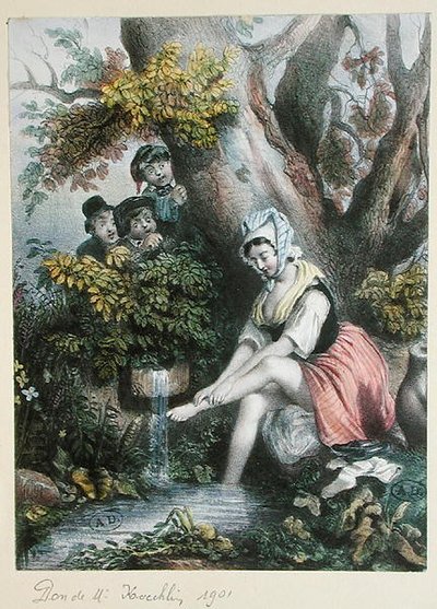 Niños espiando a una joven lavándose los pies en un arroyo. c. 1840 de French School