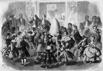 Baile infantil en honor de Eugene Louis Napoleon (1856-1879), hijo de Napoleón III. París, 3 de abril de 1861. Príncipe Imperial (en el centro) disfrazado de Pierrot. Grabado en “Le Monde Illustré” n°210 del 20 de abril de 1861 de French School