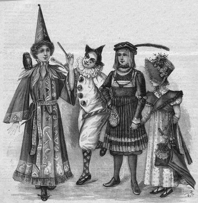 Ropa infantil: disfraces de bruja, payaso, paje y "Imperio". Grabado en "La gazette du dimanche" del 23 de enero de 1896. de French School