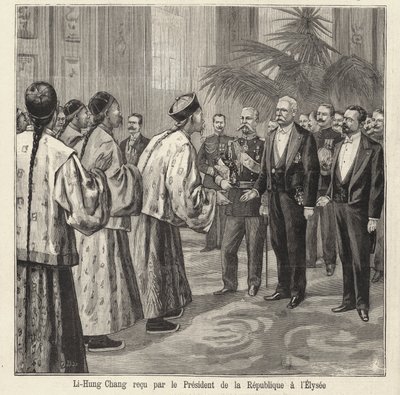 El político y diplomático chino Li Hongzhang recibido por el presidente francés Félix Faure en el Palacio del Elíseo, París de French School