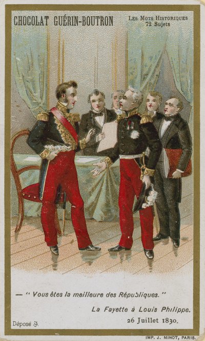 Tarjeta comercial de Chocolat Guerin-Boutron, serie Palabras Históricas de French School