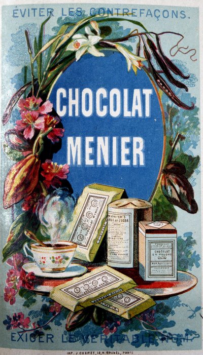 Anuncio de chocolate "Menier" con la mención "Evitar falsificaciones" de French School
