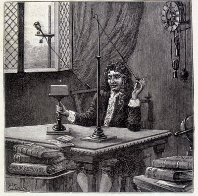 Christian Huyghens observando "la inclinación al movimiento" o elasticidad del cuerpo - en "Physique Populaire" por Emile Desbeaux de French School