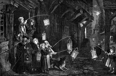 Costumbre cristiana - Epifanía - 1860: niños de un pueblo en Normandía con linternas caminando por las calles. Grabado en 