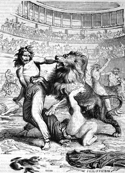 Cristianos expuestos a bestias feroces en el anfiteatro de Lyon - en “Historia de Francia” de L.-P. Anquetil de French School
