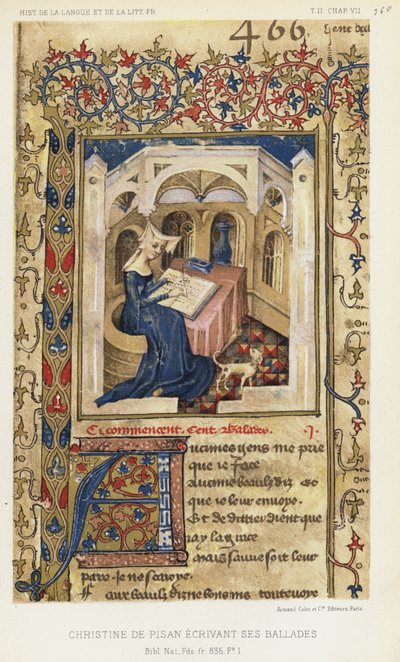 Christine De Pisan escribiendo sus baladas (litografía en color) de French School