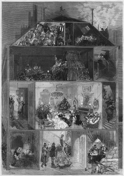 Nochebuena: sección transversal de un edificio parisino que presenta diferentes formas de celebrar la víspera de Año Nuevo. Grabado en "Le Monde Illustré" n°810 del 19 de octubre de 1872. de French School