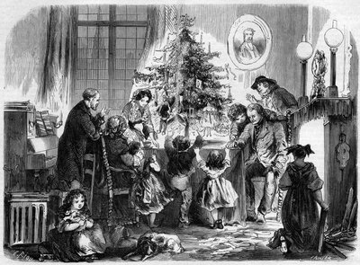 Fiesta de Navidad en Alsacia: una familia reunida alrededor del árbol de Navidad. Grabado en 
