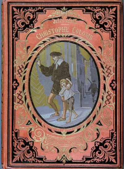Christophe Colomb (Cristoforo Colombo) y un niño, - en "Christophe Colomb" de Julio Verne, ed. Hachette de French School