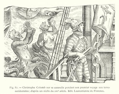 Cristóbal Colón en su carabela durante su primer viaje a las tierras occidentales; según un nielado del siglo XVI, Biblioteca Laurenciana de Florencia de French School