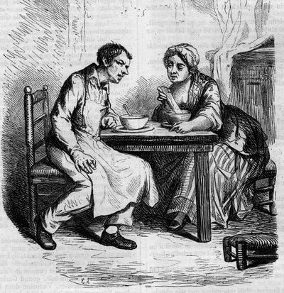 Christophe y la gorda Sylvie: sirvientes desayunando. Grabado a mediados del siglo XIX. Ilustración para "El padre Goriot" de Honoré de Balzac (1799-1850). de French School
