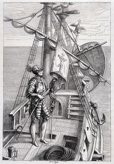 Cristóbal Colón en su remolque, ilustración de 