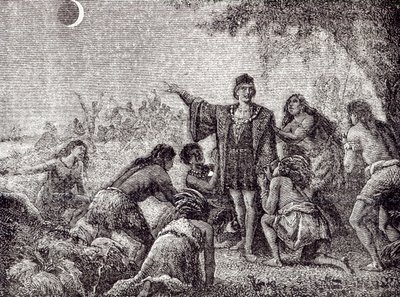 Cristóbal Colón prediciendo el eclipse de la luna a los habitantes de Jamaica en 1504 de French School