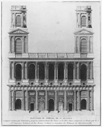 Iglesia de Saint-Sulpice, elevación de la fachada, París, 1782 de French School