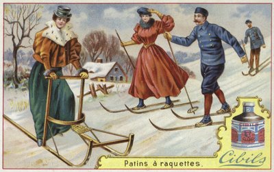Tarjeta Cibils con esquí y trineo de French School
