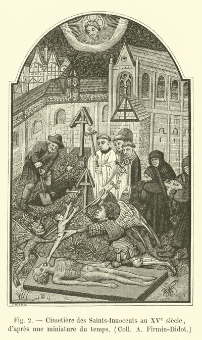 Cementerio de los Santos Inocentes en el siglo XV, según una miniatura de la época, Coll A Firmin-Didot de French School