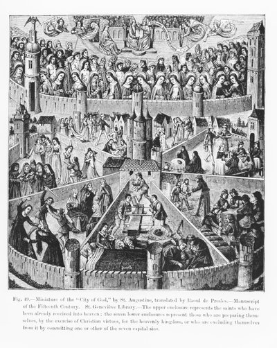 Ciudad de Dios según San Agustín, de un manuscrito traducido por Raoul de Presles, ilustración de Ciencia y Literatura en la Edad Media y el Renacimiento, escrito y grabado por Paul Lacroix de French School