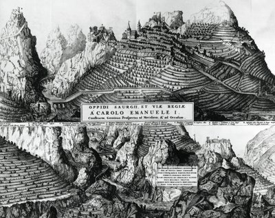 Ciudad de Saorge, Francia, bajo el dominio de Saboya, grabado de French School