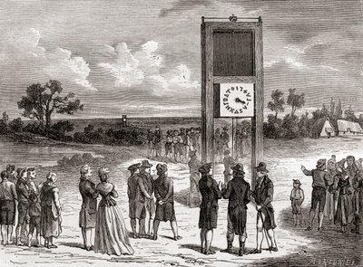 Claude Chappe demostrando su primer sistema de telégrafo aéreo en 1791, de Les Merveilles de la Science, publicado hacia 1870 (grabado). de French School