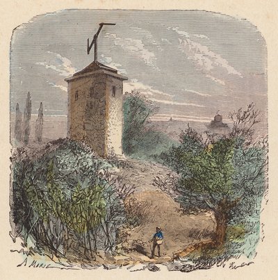 Sistema de telégrafo de Claude Chappe, Francia (grabado en color) de French School