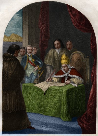 Clemente XIV (Clemente o Clemens) (1705-1774) aboliendo la Sociedad de Jesús el 21 de julio de 1773. Grabado de 1842 en "Histoire des popes: crimes, murders, poisonings, parricides, adulteres, incest..." por Maurice Lachatre. Colección privada. de French School