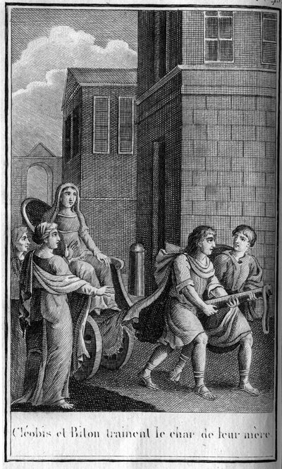 Cleobis y Biton hermanos gemelos argianos, hijos de Cydippe, sacerdotisa de Hera. Son el símbolo del amor filial. Mueren de agotamiento al tirar del carro de su madre desde Argos hasta el santuario de Hera, cerca de Micenas. En 