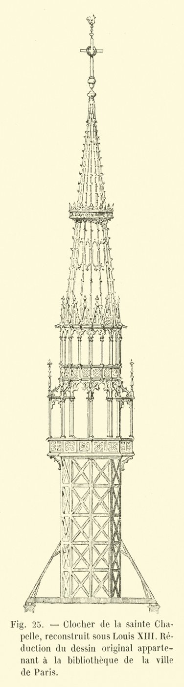 Campanario de la Sainte Chapelle, reconstruido bajo Luis XIII, reducción del dibujo original perteneciente a la biblioteca de la ciudad de París de French School