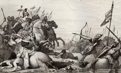 Clodion, el Peludo (c.428-47) se retira a través del puente después de su derrota por Aetius, de 