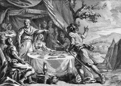 Clodión el Cabelludo (circa 400-448), líder de los francos salios, enterándose del ataque sorpresa de las tropas del general Aecio, prefecto de las Galias, en 432. Grabado del siglo XVIII de French School