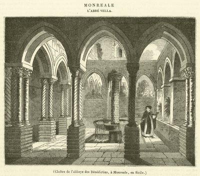 Claustro de la abadía de los Benedictinos, en Monreale, en Sicilia (grabado) de French School