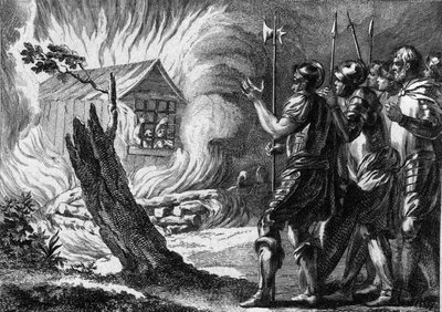 Clotario I (497-561), rey de los francos, hizo quemar a su hijo Chramne en una cabaña, quien se rebeló contra él y su familia. Alrededor de 560. Grabado del siglo XVIII de French School