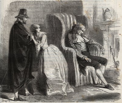 Clotilde Sprengel y Zacharie Bergmann observan al doctor alemán Petrus Schultz dormido frente al siglo XVIII. Grabado de 1871 en “Histoire Des Cocuses Celebres” de Henry de Kock de French School
