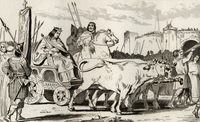 Clodoveo III (682-95) en un carro tirado por bueyes, con Pepino II de Herstal (c.714) cabalgando a su lado, de 