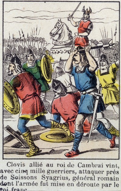 Clodoveo, aliado con el rey de Cambrai, vino con 5000 guerreros a atacar cerca de Soissons a Siagrio, el general romano, cuyo ejército fue derrotado por el rey franco de French School