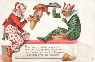 Payasos haciendo malabares con peces para el 1 de abril de French School