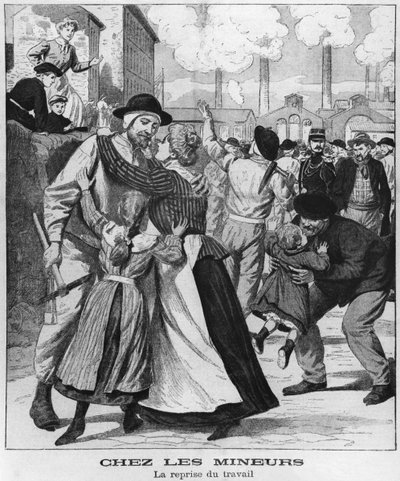 Mineros de carbón volviendo al trabajo, ilustración de Le Petit Journal, principios del siglo XX de French School
