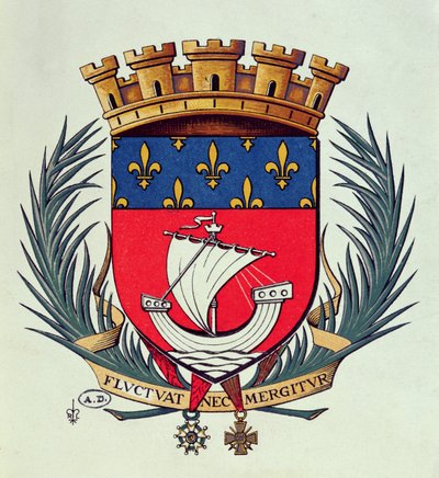 Escudo de armas de la ciudad de París con el lema Fluctuat Nec Mergitur (sacudida por las olas, no se hunde) de French School