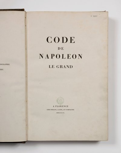 Código de Napoleón el Grande, abierto en la portada, publicado en Florencia, Molini, Landi et Cie, 1809 de French School