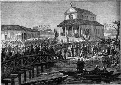 Colonialismo: inauguración de la catedral construida en Saigón por Francia. Indochina (Vietnam) de French School