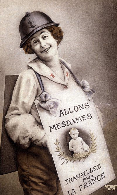 Venid Damas Trabajad por Francia (incitación al nacimiento), postal, ca. 1918 de French School