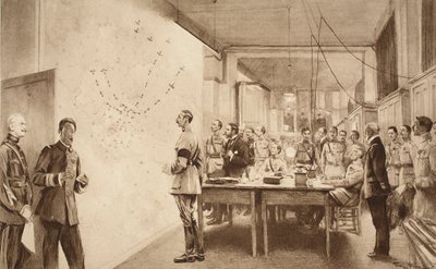 Comandante y personal del Departamento de Aviación francés marcando el progreso de una incursión de Gotha en París, 1914-19 de French School